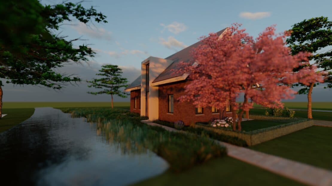 Ontwerpimpressie van een landelijke villa aan het water
